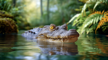 Crocodile glides through calm water in vibrant wetland. Green foliage around enhances natural habitat. Concept of wildlife, nature conservation, reptile observation