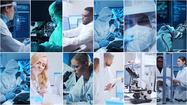 Technology and medical concept. Scientists, lab equipment and microscopes in biomedical innovations and clinical studies. Ideal for educational content. Vertical videos.