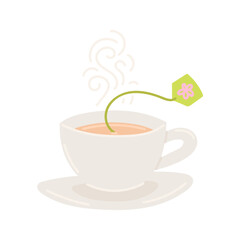 Cup with tea bag in flat cartoon design. Morning beverage with steam in mug on plate. Herbal drink with aroma steam in cafeteria. Breakfast time with green tea. Vector illustration isolated.