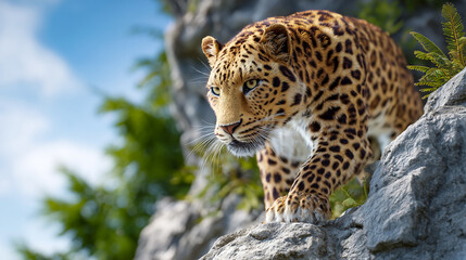 Leopard crawls on rocky terrain in outdoor setting. Bright blue sky and green plants surround this scene. Concept of wildlife, nature preservation, animal conservation