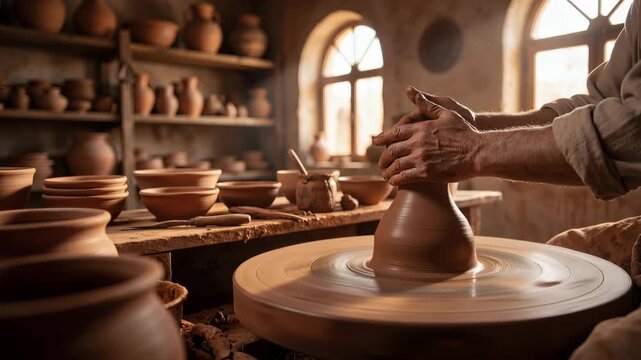 Skilled male potter with concentrated mood shaping clay vessel on spinning wheel against rustic workshop interior