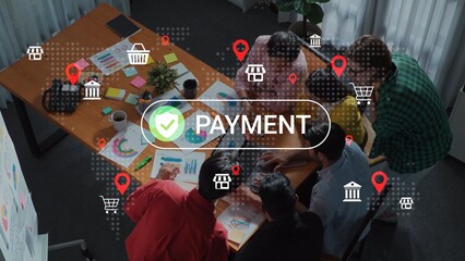 Team Collaboration on Payment Solutions in a Modern Office Setting with Graphic Overlays...