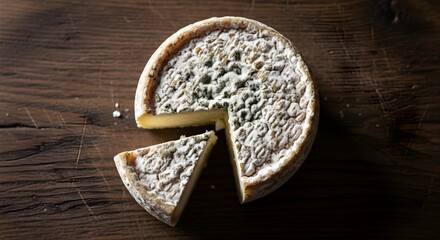 Gourmet Aged Cheese Wheel with Blue Mold on Rustic Wooden Surface