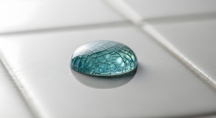 Macro of a Cracked Blue Water Droplet on a White Tiled Surface