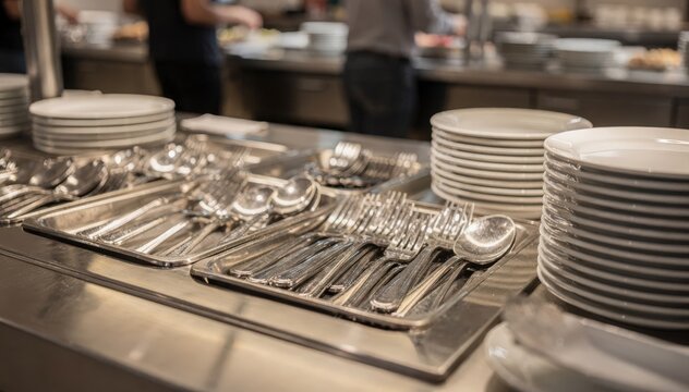 Stainless buffet cutlery station capturing the gleam of metal trays and cutlery in crisp focus plates stacked neatly with blurred diners in the background.