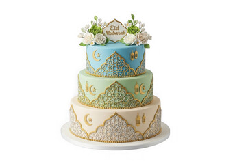 Elegant three-tiered cake with intricate floral and geometric designs