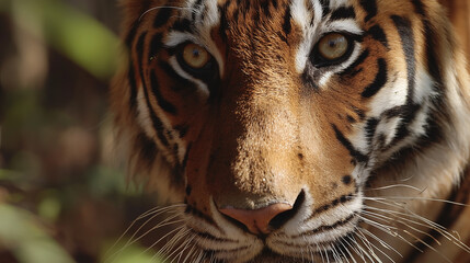Tiger looks directly at camera with strong gaze. Setting is dense forest with greenery around. Concept of wildlife, conservation, nature education