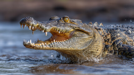 Crocodile surfaces in river water with mouth open showing teeth. Clear setting with ripples around. Concept of wildlife, nature conservation, animal education