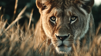 Lioness looks at camera in tall grass under golden sunset light. Photo taken in African savannah setting. Concept of wildlife, nature conservation, safari tours