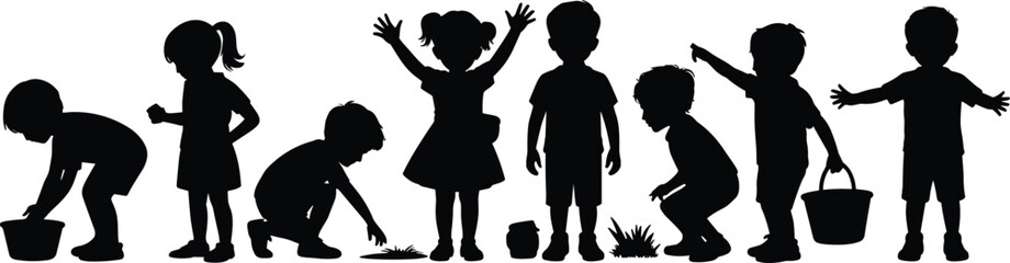 Children silhouette nature exploration, group of curious kids crouching in grass examining plants and insects with buckets, outdoor discovery vector illustration, summer learning adventure © Kalpana
