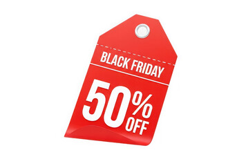 Eye-catching red sale tag offering fifty percent off discount for shoppers.