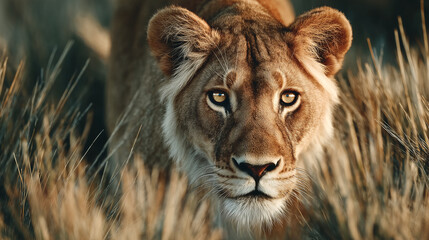 Lioness looks at camera while standing in tall grass. Wild setting captures natural habitat of the lion. Concept of wildlife, conservation, nature appreciation