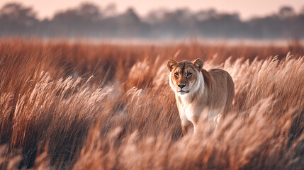 Lioness walking slowly through tall grass in savannah. Warm colors fill the scene during sunset amid vegetation. Concept of wildlife, nature exploration, conservation efforts