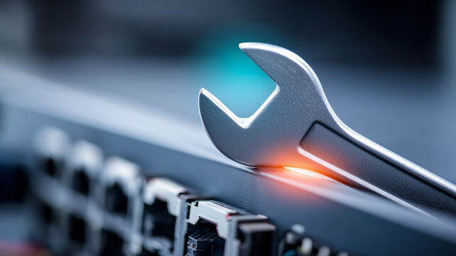 Wrench beside network switch ports representing IT maintenance network troubleshooting and infrastructure support.
