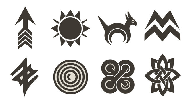 Collection of stylized dark grey aboriginal inspired symbols on a beige background
