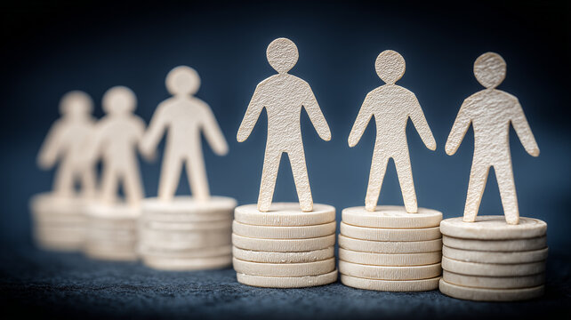 Paper people figures on stacked coins representing income inequality wage gap and workforce compensation.

