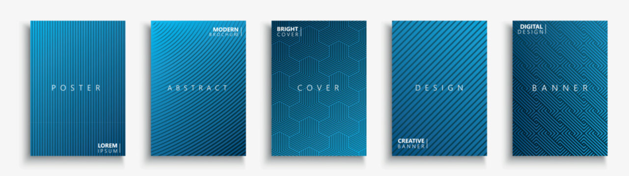 Collection of blue digital technology striped abstract covers, templates, placards, brochures, banners, flyers, backgrounds. Minimalistic halftone gradient posters
