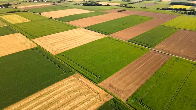 Aerial View of Vibrant Agricultural Fields Forming a Patchwork Landscape.