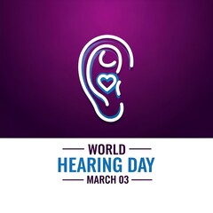 Worldhearingdayconceptwithearsymbolandtextonpurpleandwhitebackground