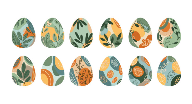 Set of twelve decorated easter eggs with floral and abstract patterns