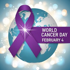 World Cancer Day February 4 awareness campaign with purple ribbon and earth globe icon
