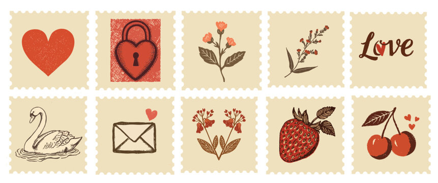 Collection of vintage style postage stamps featuring romantic and floral motifs