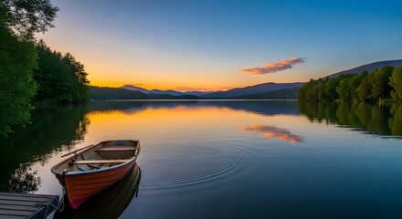 Obraz premium Serene lake scene at sunset with a wooden boat