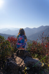 Traveler in Green Shirt Resting on Rock among Red Shrubs and Mountain Ridges
