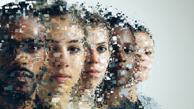 Digital Evolution: An artistic portrayal of a diverse group of individuals, their faces seemingly dissolving into a pixelated mosaic.