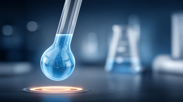 Laboratory dropper releasing a liquid sample above a testing platform representing scientific research and chemical analysis.

