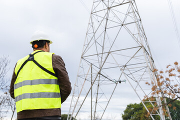 Worker operating a drone for infrastructure inspection, focusing on safety and technology