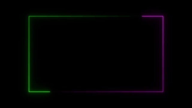 Thin Neon Rectangle Outline in Purple and Green on animated Black Background border frame