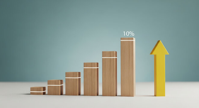 Bar Chart With 10 Percent Growth And Progress Illustration Business Concept Performance Increasing With Wooden Blocks And Yellow Arrow Up Symbol