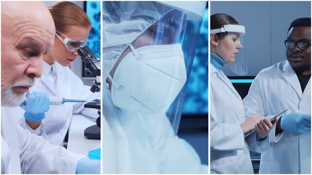 Technology and medical concept. Scientists, lab equipment and microscopes in biomedical innovations and clinical studies. Ideal for educational content. Vertical videos.