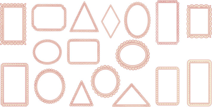 Hand-Drawn Decorative Border and Frame Set Featuring Scalloped Edges and Dotted Lines in Soft Pink for Invitations and Social Media Graphic Design