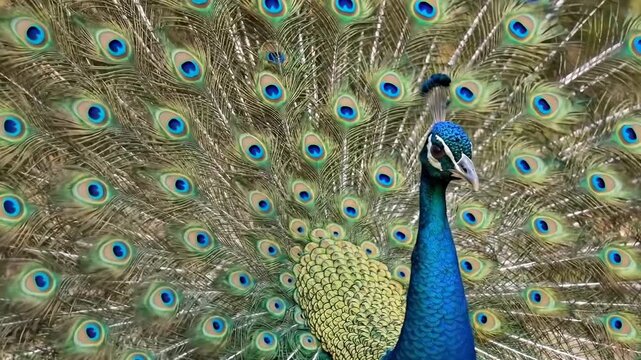 A peacock displays its fanned tail feathers, which are adorned with iridescent blue and green eye-spots. The peacock's vibrant blue neck and head are visible in the foreground.