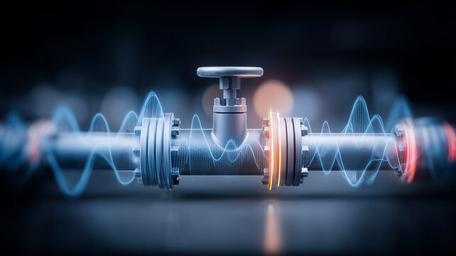 Industrial pipeline valve with signal waveform overlay representing flow monitoring and predictive maintenance concept.
