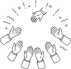 Fototapeta premium Group of hands clapping in circle with central reaching hand and star sparkles for success celebration