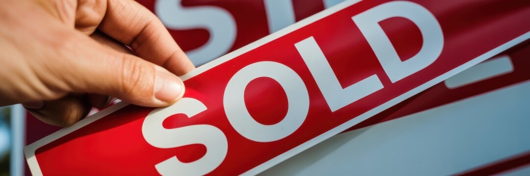 Hand holding red sold sign for real estate sale success property deal and home buying concept close up background