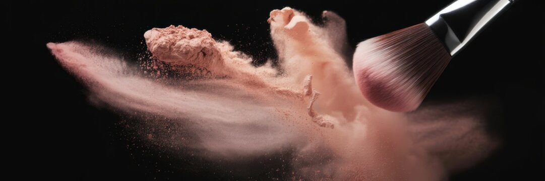 Makeup powder explosion with cosmetic brush on black background beauty cosmetics concept in slow motion dust cloud splash