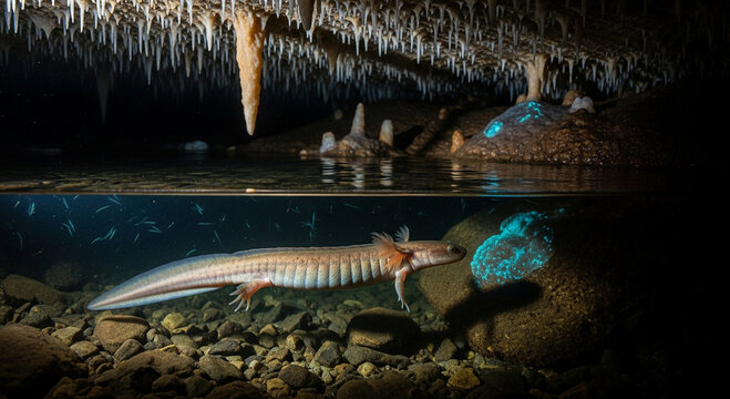 Cave Olm JPG Transparent Background, Proteus Anguinus Swimming in Underground Cave Water with Stalactites and Blue Glow, Rare Blind Cave Salamander Isolated