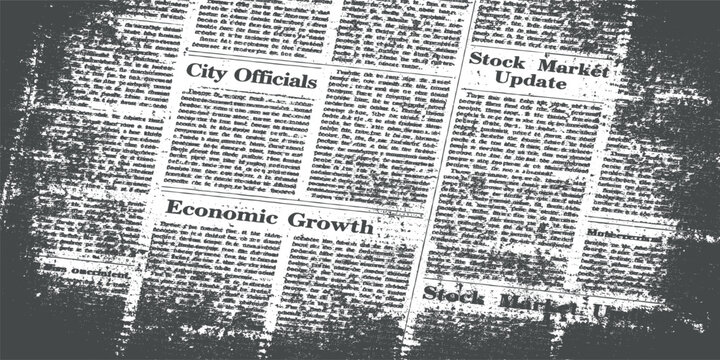 Vintage newspaper texture overlay featuring economic growth headlines and old grunge text columns
