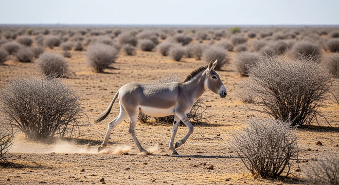 Running Donkey Desert JPG Transparent Background, Wild Onager Galloping in Sandy Desert with Dust Trail and Dry Bushes, Realistic Wildlife Action Isolated