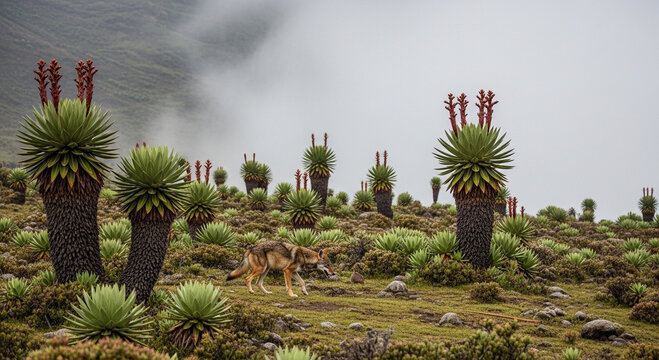 Frailejones with Foxes JPG Transparent Background, Andean Frailejones Plants with Red Flowers and Andean Foxes in Misty Paramo Landscape, High Altitude Wildlife Scene Isolated