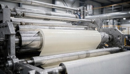 Fototapeta premium Side view medium shot highlighting wet end forming section with detailed mechanical rollers and fresh wet paper sheet emerging in a modern pulp processing facility.