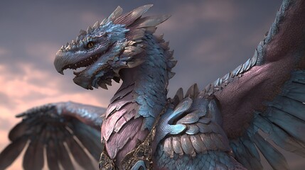 Majestic Blue and Silver Dragon with Feathered Wings Against Cloudy Sky mythical creature Photo