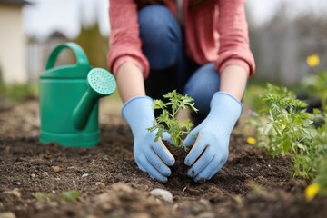 Fototapeta premium Caucasian female adult gardening: planting seedlings with green watering can in spring
