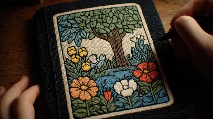 Creative hobby and journaling concept. Hand drawing in a beautiful journal with a vintage embroidered nature scene cover.