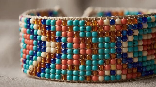 Handcrafted beaded bracelet in boho style, turquoise blue orange colors, ethnic jewelry accessory