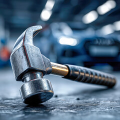 Obraz premium 3D wheel balancing hammer tool icon close-up with blurred automotive service bay